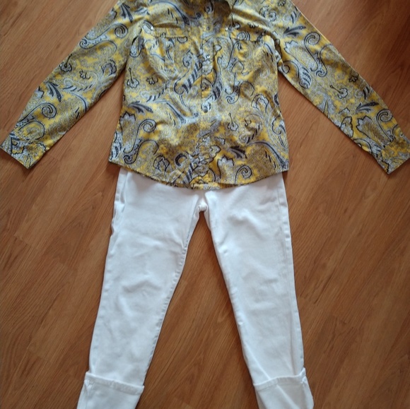 Michael Kors Yellow Grey Paisley Button Down Top - Picture 1 of 6